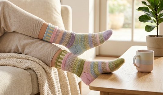Person relaxing at home wearing colourful knitted mismatched socks