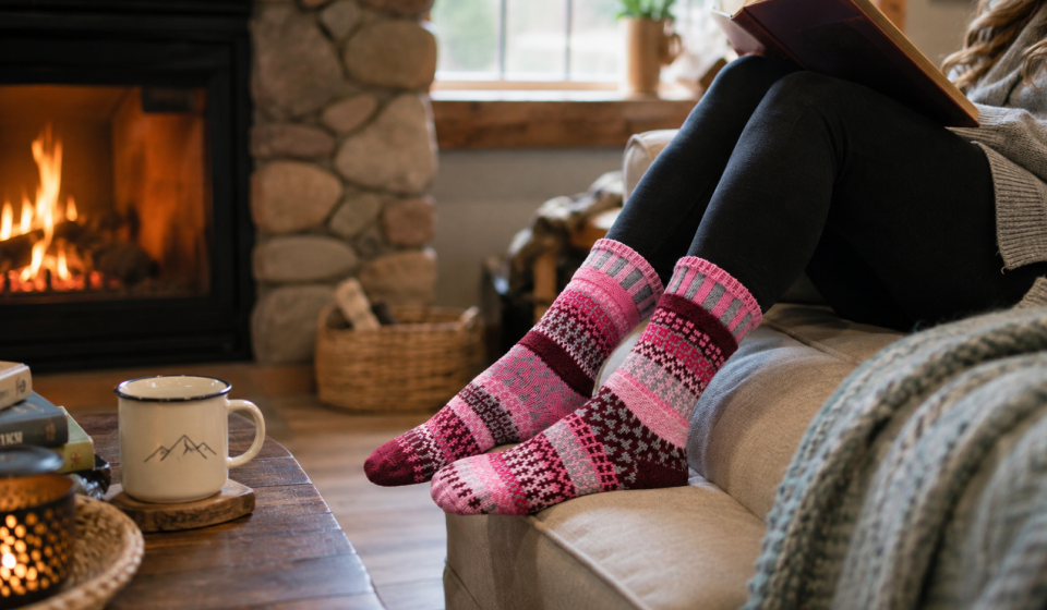 Solmate Socks pink patterned Crew Socks styled by a cosy fireplace
